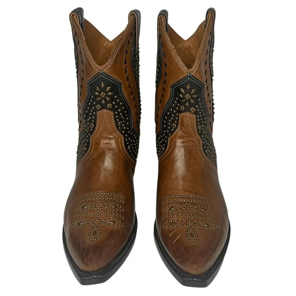Frye Tulsa Stud Short Boot Size 7 Brown Black Studded Western Cowboy Ankle Boot